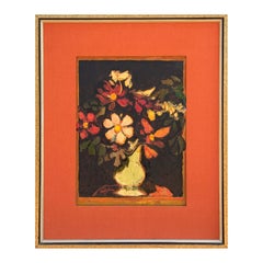 Pittura moderna di natura morta floreale astratta di ispirazione cubista dai toni caldi