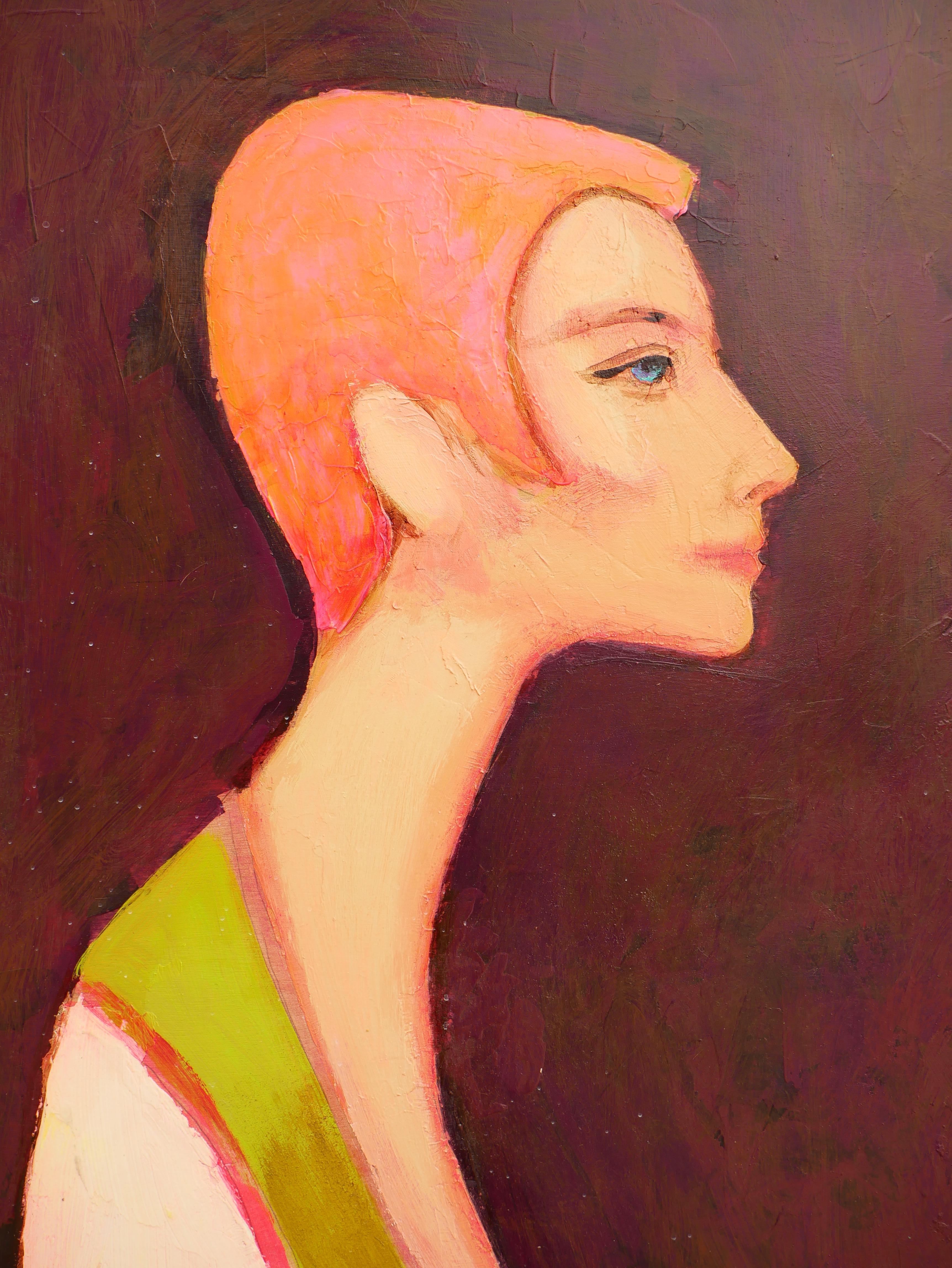 Retrato figurativo abstracto moderno del artista David Adickes, de Houston, Texas. La obra muestra a una mujer pelirroja sentada con un vestido estampado de vivos colores sobre un fondo granate de tonos neutros. Firmado por el artista en la esquina