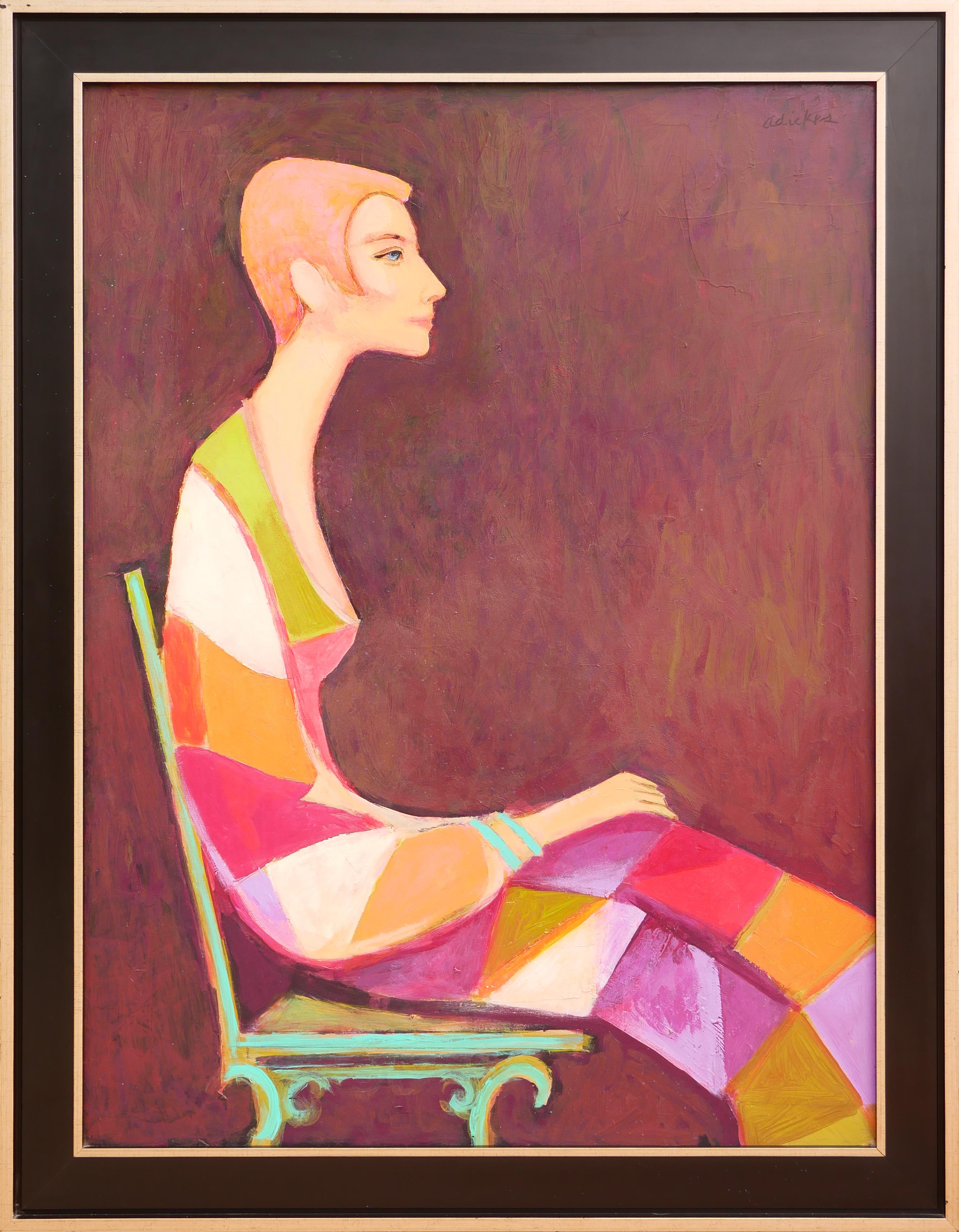 David Adickes Figurative Painting - "My New Dress" Modern Abstract Colorful Figurative Female Portrait Painting 