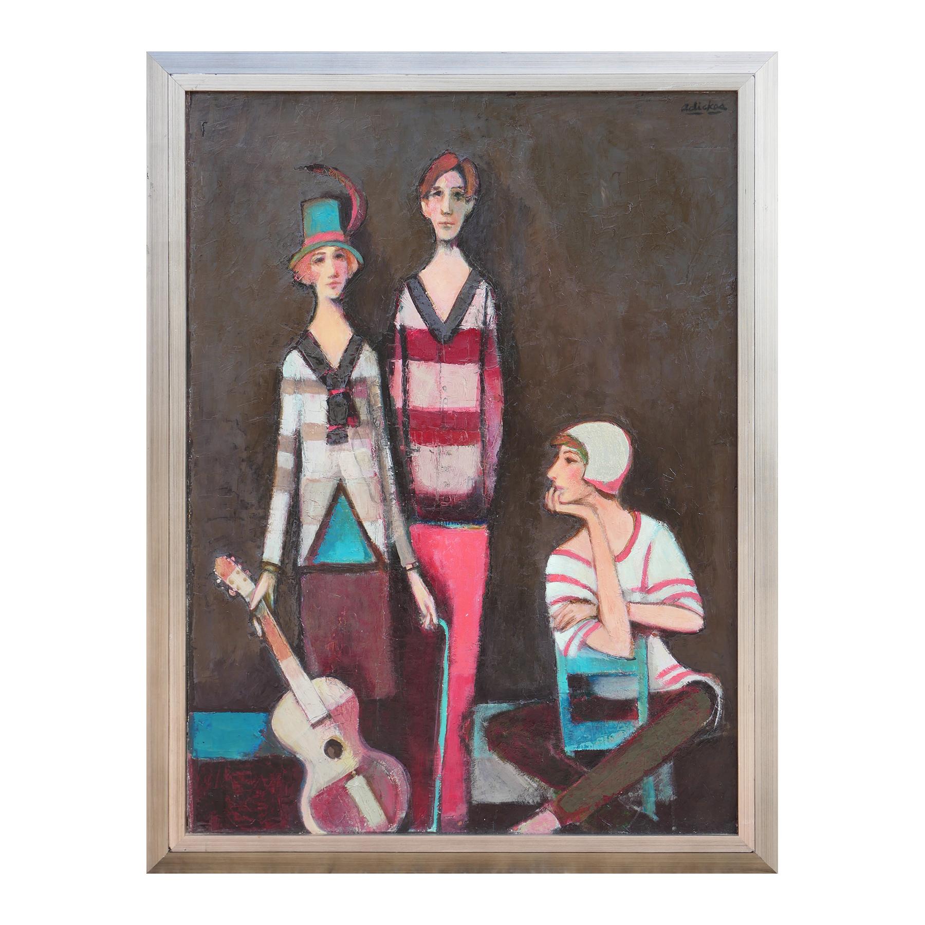 « Un homme, deux femmes avec une guitare » - Peinture de portrait figurative abstraite  - Painting de David Adickes
