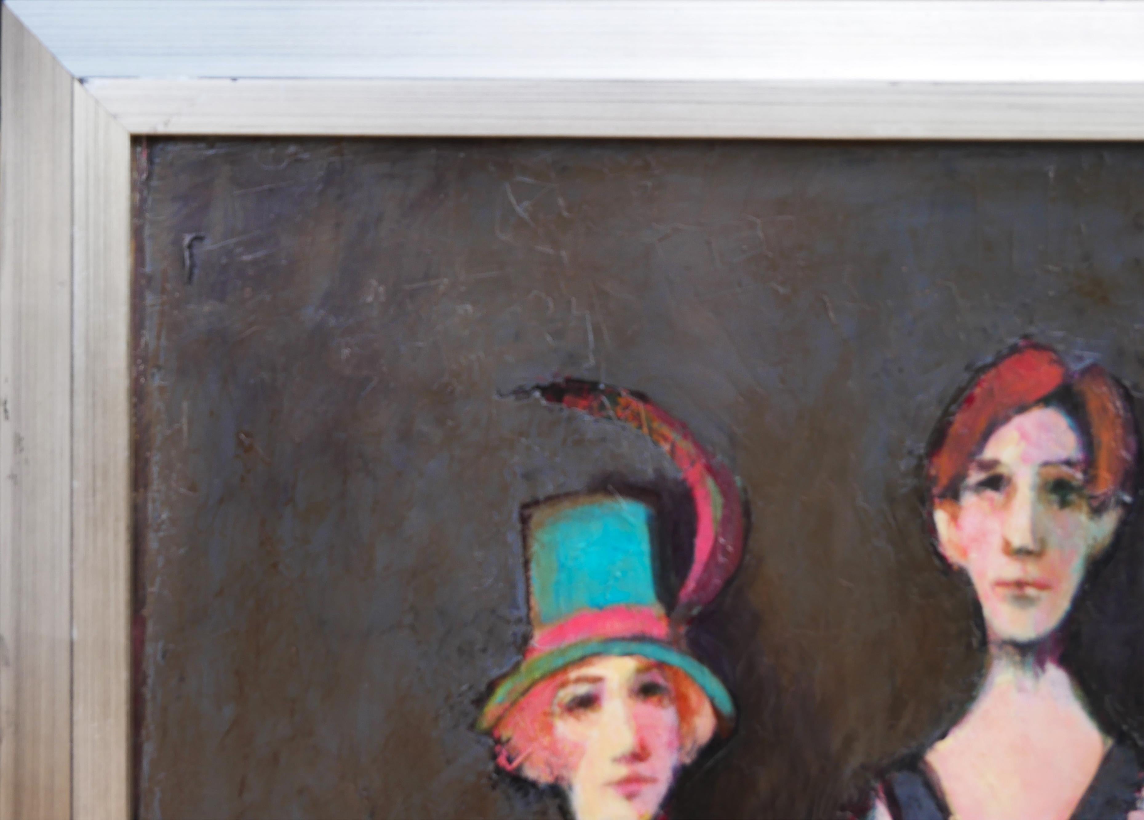 Portrait abstrait moderne et figuratif réalisé par l'artiste David Adickes, de Houston, au Texas. L'œuvre présente deux personnages masculins (dont l'un tient une guitare) et une femme portant un bonnet blanc et assise sur une chaise bleue. Signé