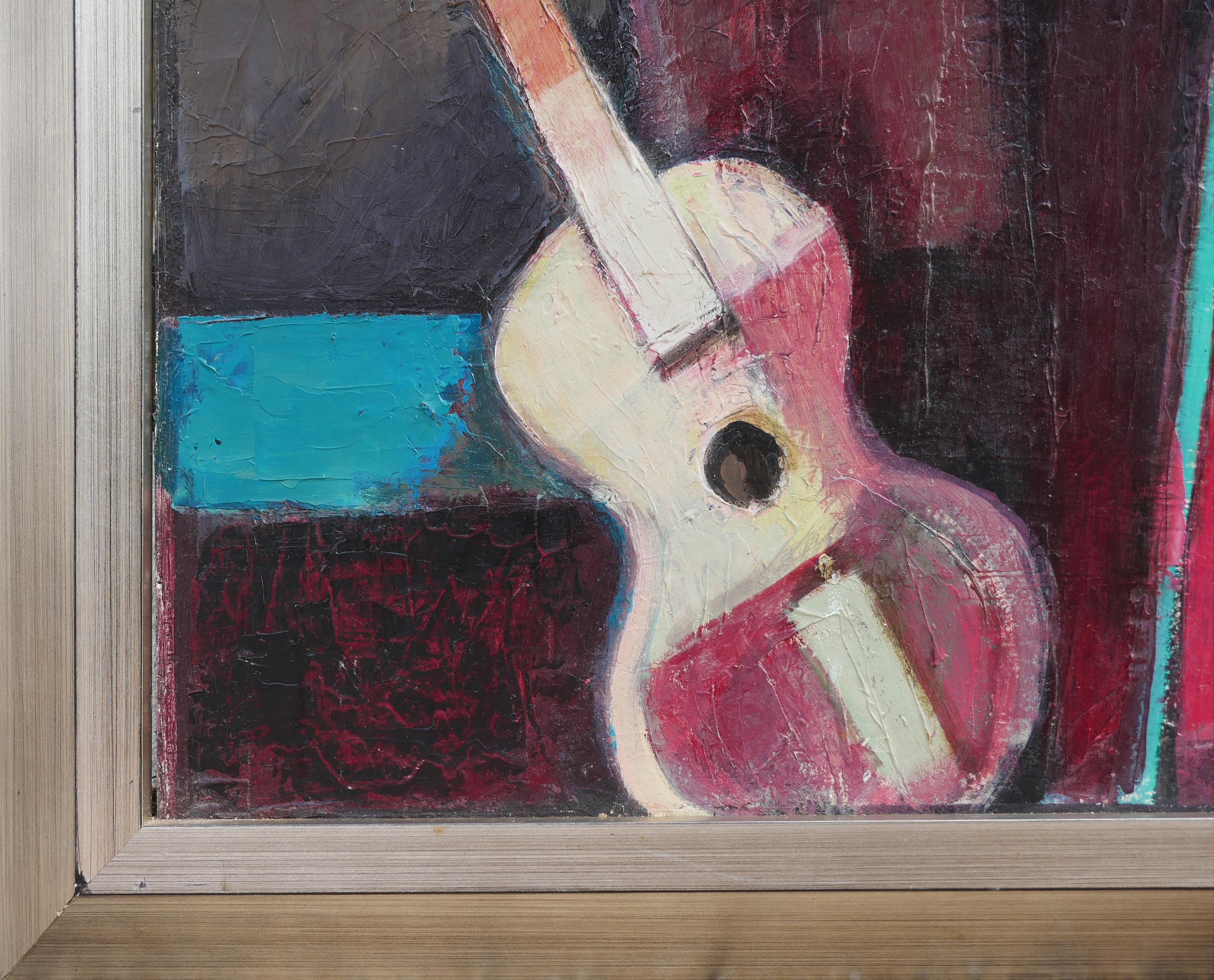 « Un homme, deux femmes avec une guitare » - Peinture de portrait figurative abstraite  2