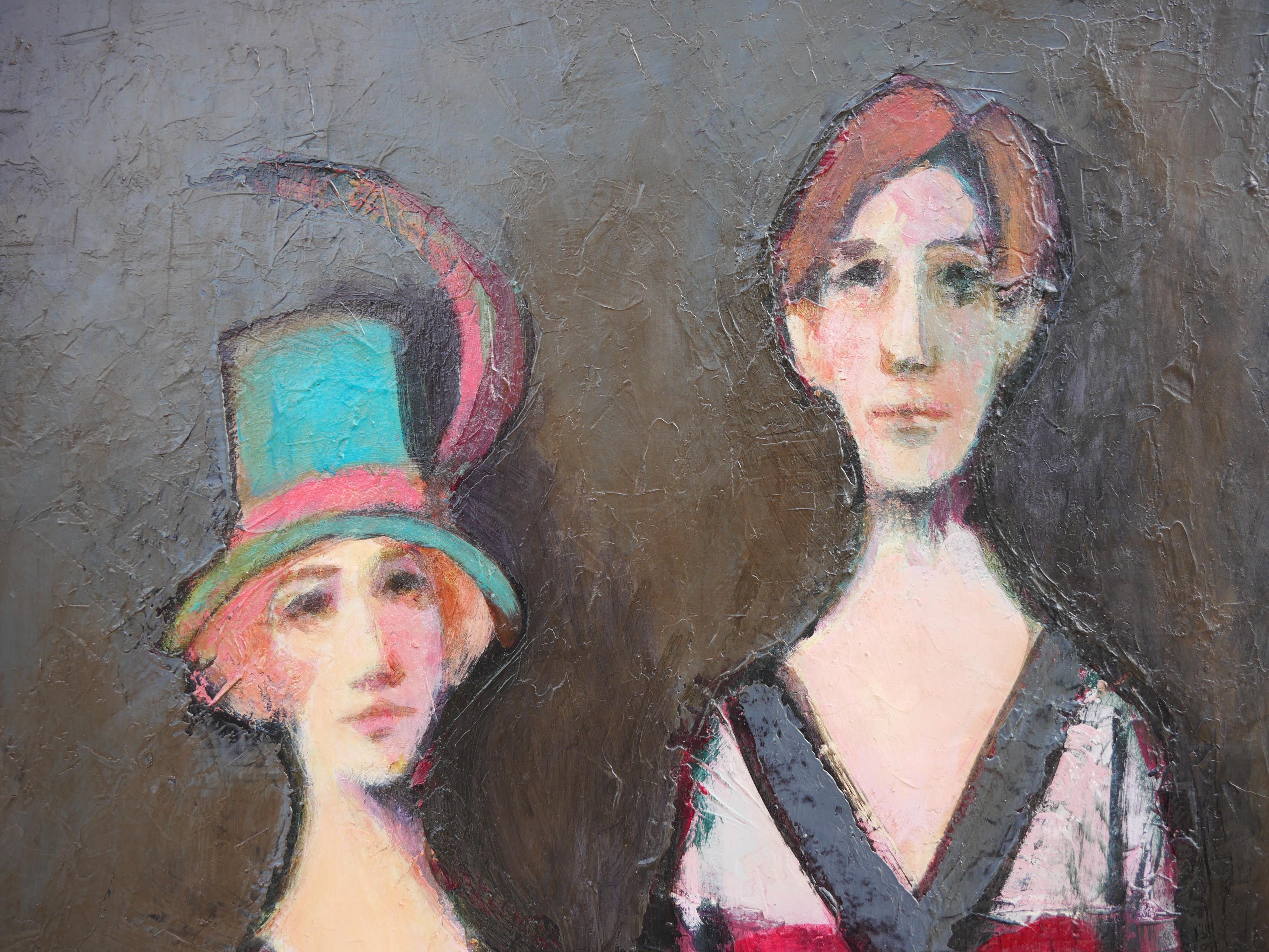 « Un homme, deux femmes avec une guitare » - Peinture de portrait figurative abstraite  4