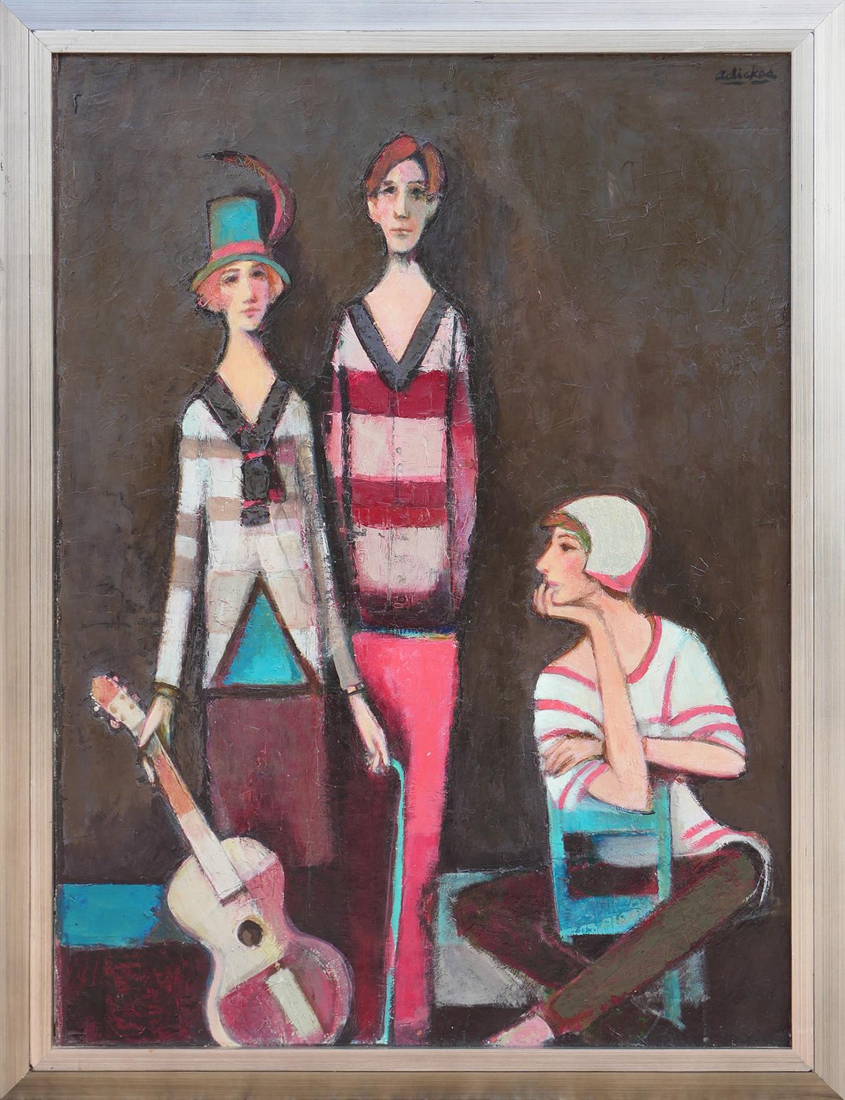 David Adickes Figurative Painting - "One Man, Two Ladies with Guitar" Abstract Figurative Portrait Painting 