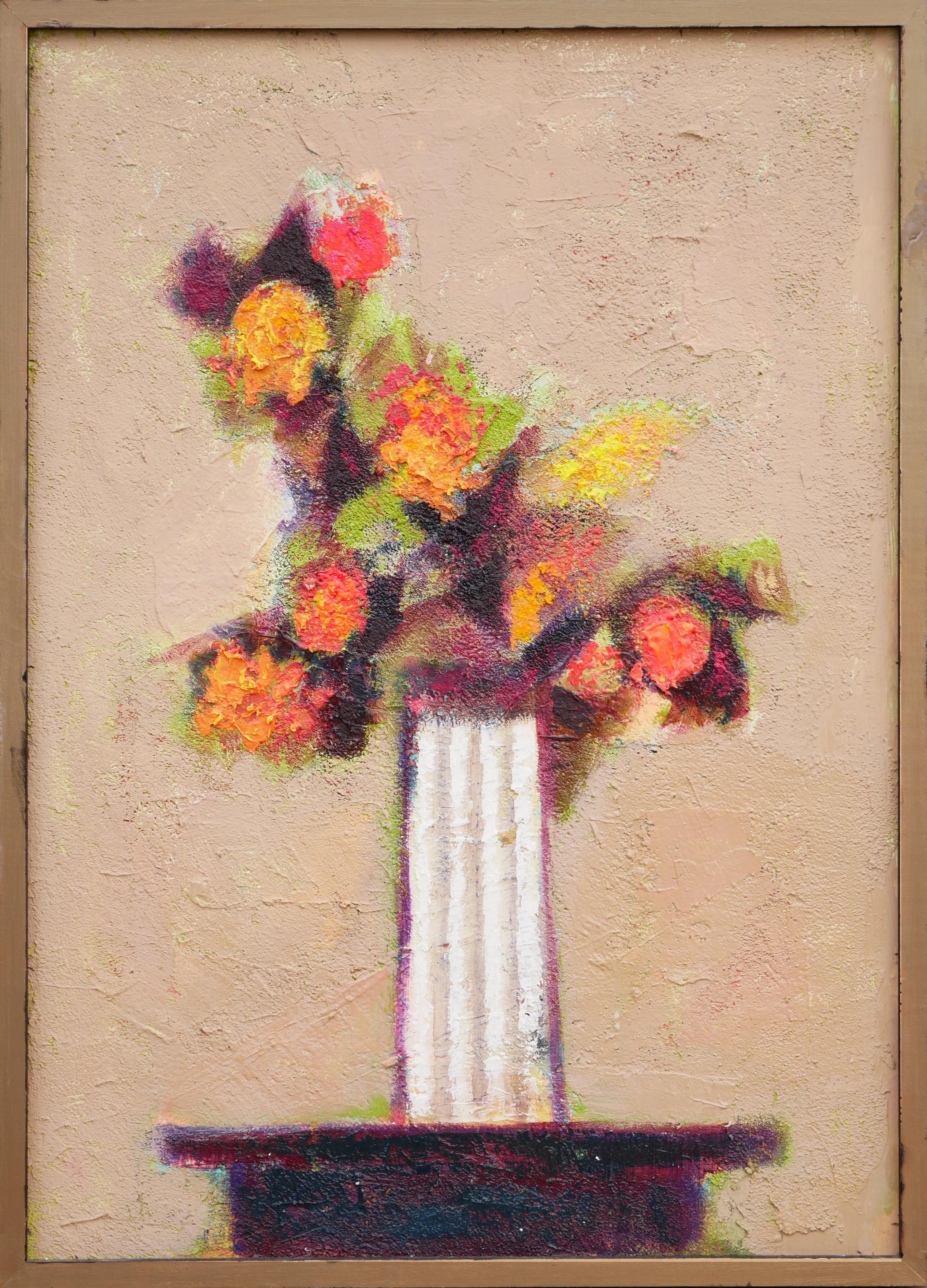 David Adickes Still-Life Painting - "Orange and Yellow Flowers in White Vase" Peach-Toned Modernist Still Life 