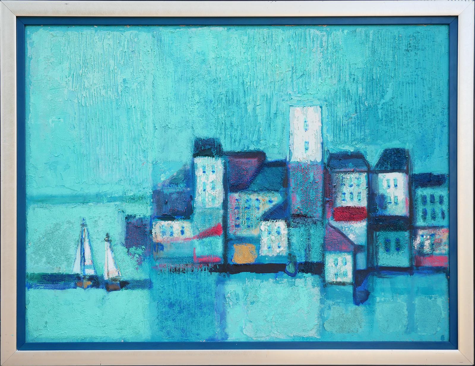 Modern geometric abstract night scene by Houston, TX artist David Adickes. The work features a blue-toned serene cityscape by the sea. Unsigned. Framed in a thick silver painted framed and blue matting.

Dimensions Without Frame: H 29.5 in. x W 39.5