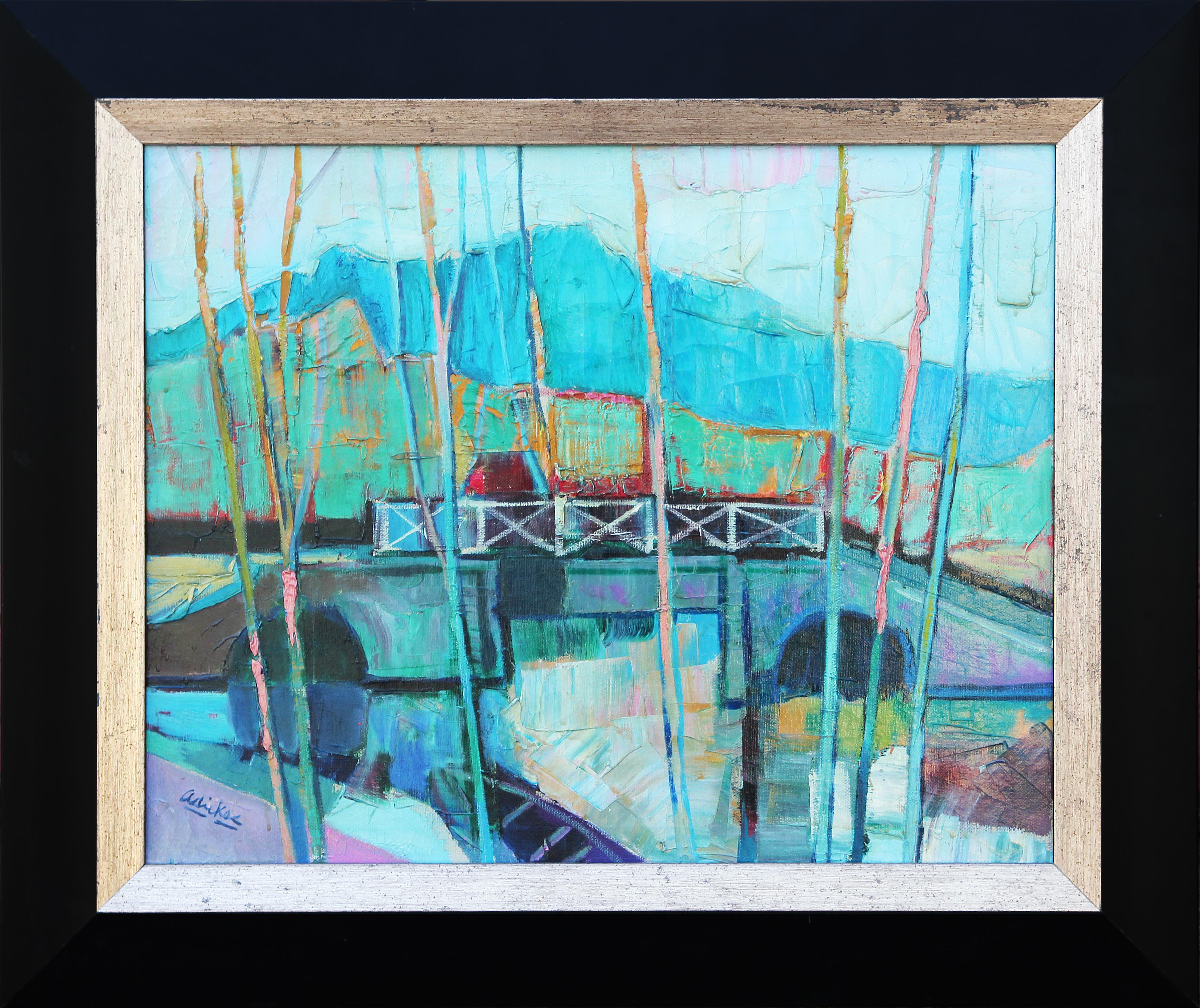 David Adickes Landscape Painting - "Provence Bridge" French Blue Green Landscape Impressionist Painting 