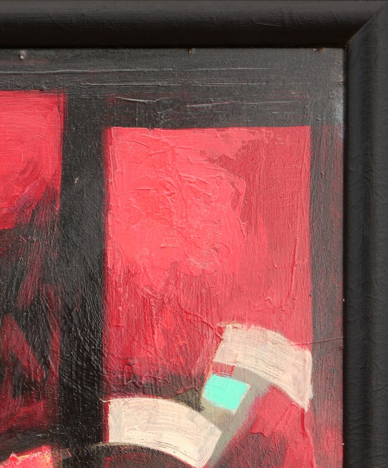 Warm toned modern cubist abstract painting by Houston, TX artist David Adickes. The work features red, white, and aqua geometric shapes set against a black background. Currently hung in a black floating frame.

Dimensions Without Frame: H 20.5 in. x