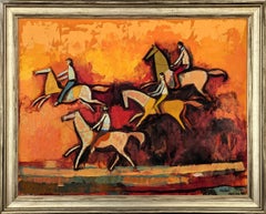 "Red Meadow" Astratto moderno dai toni caldi in stile cubista con quattro cavalieri a cavallo