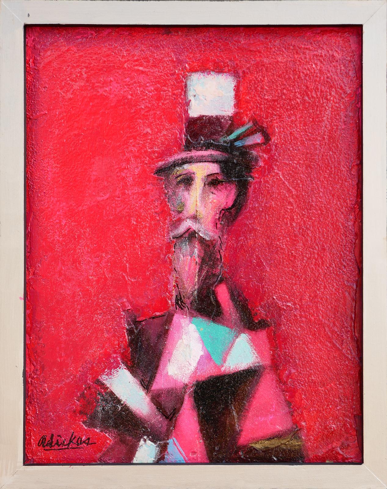 Modern abstract figurative portrait painting by Houston, TX artist David Adickes. The work features a central bearded male figure wearing a top hat set against a red background. Signed by artist in front lower left corner. Currently hung a