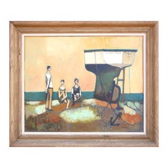 "Risque Trout" Modern Abstract Yellow Figurative Nautical Landscape Painting