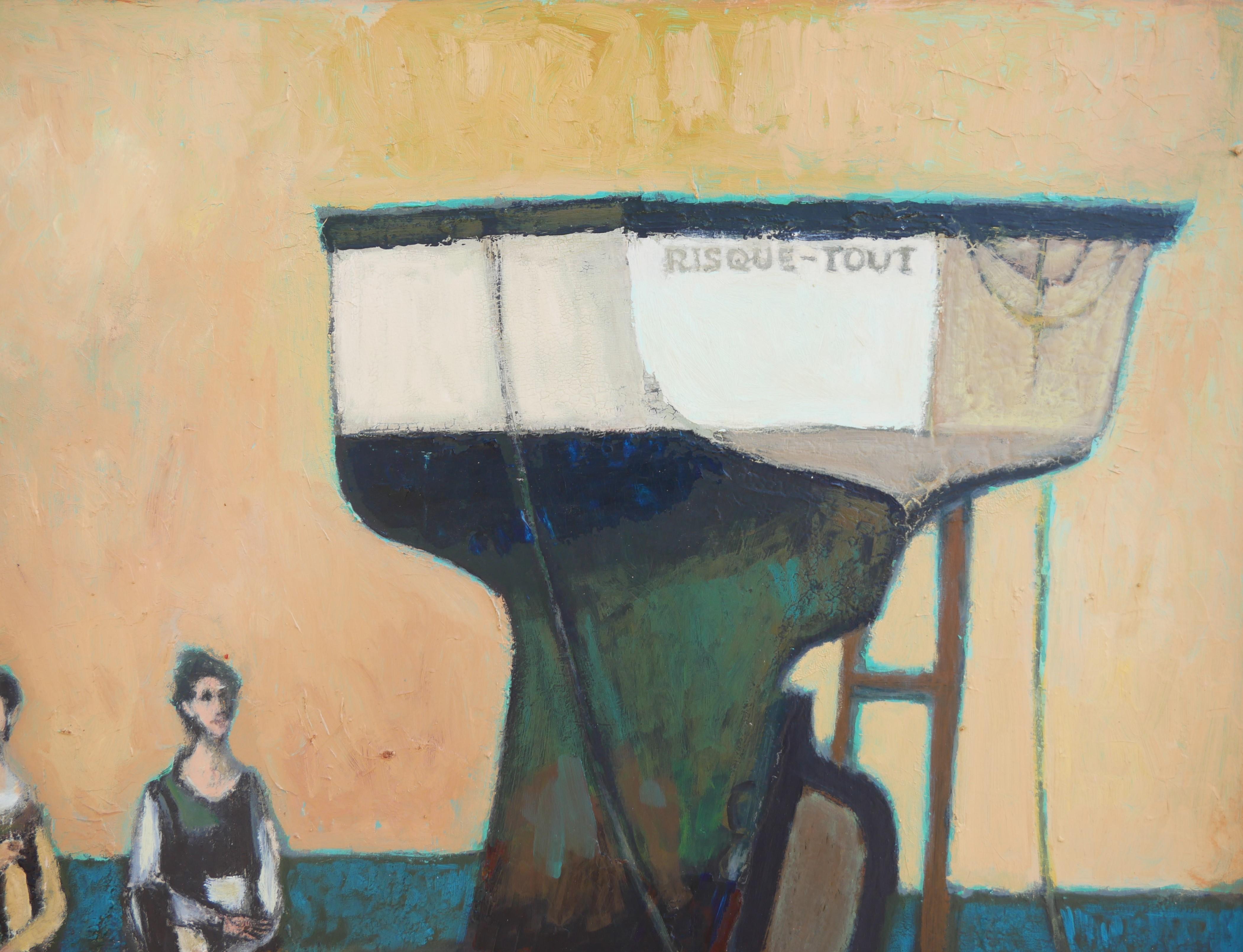 Modern abstract figurative nautical landscape painting by Houston, TX artist David Adickes. The work features a grouping of three elongated figures gathered next to a boat labeled 