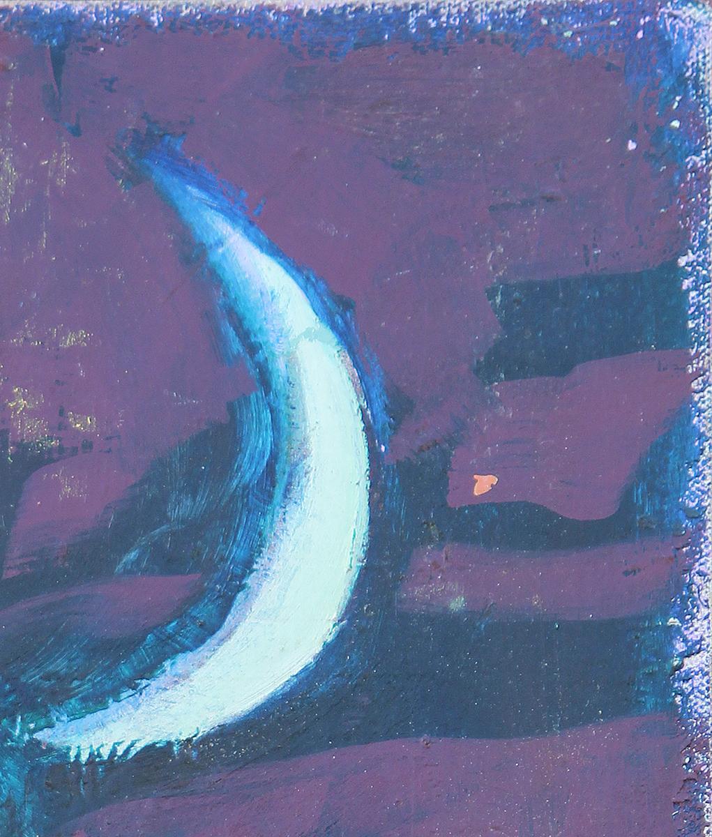 Un bel exemple d'une des premières œuvres de l'artiste de Houston, David Adickes. Cette peinture représente un paysage de Santa Fe, au Nouveau-Mexique, avec un cactus sombrero et un croissant de lune avec  Des tons subtils de violet, de bleu et de