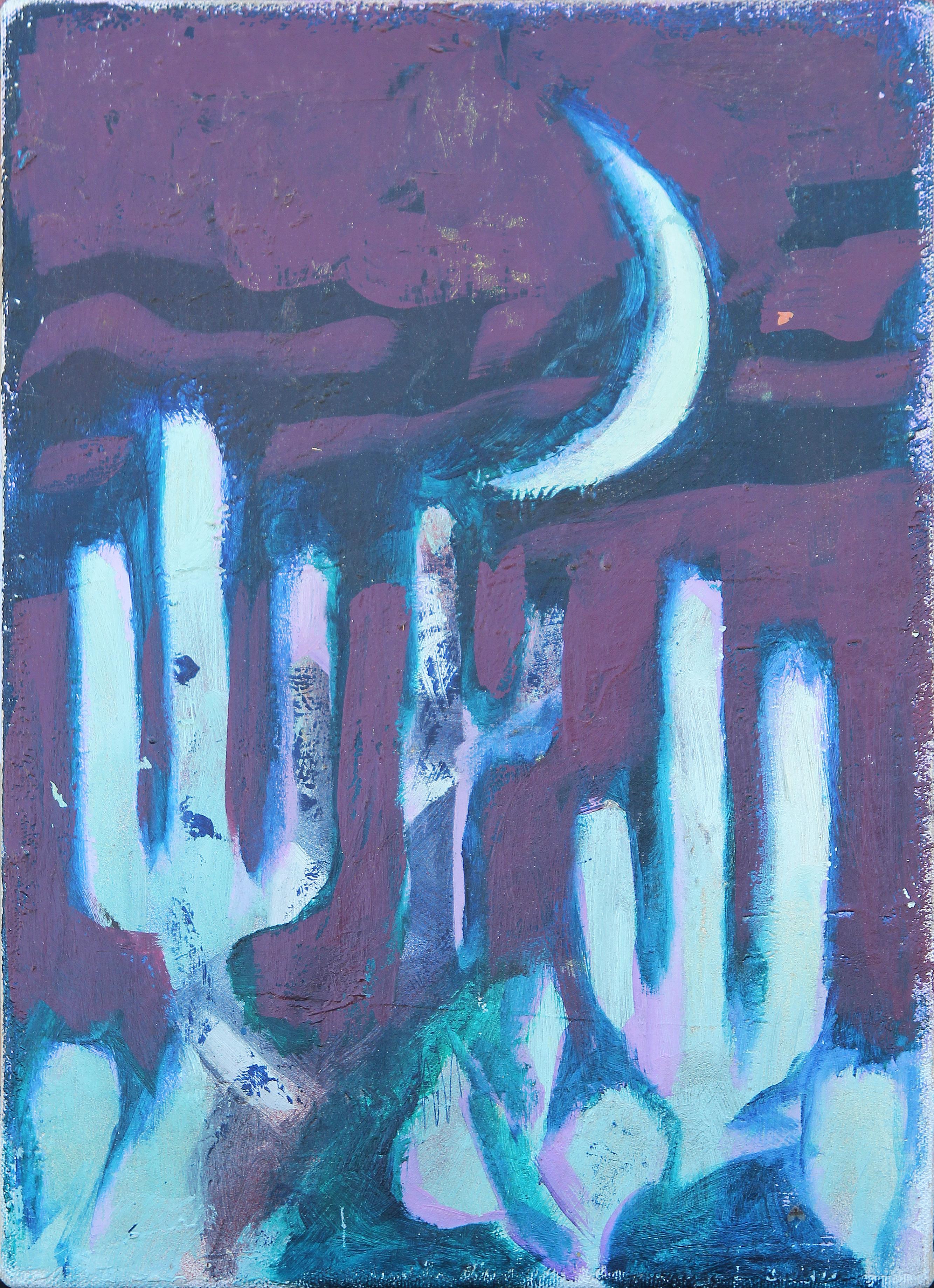 Abstract Painting David Adickes - Peinture de paysage impressionniste abstraite Cactus and Moon de Santa Fe, Nouveau-Mexique