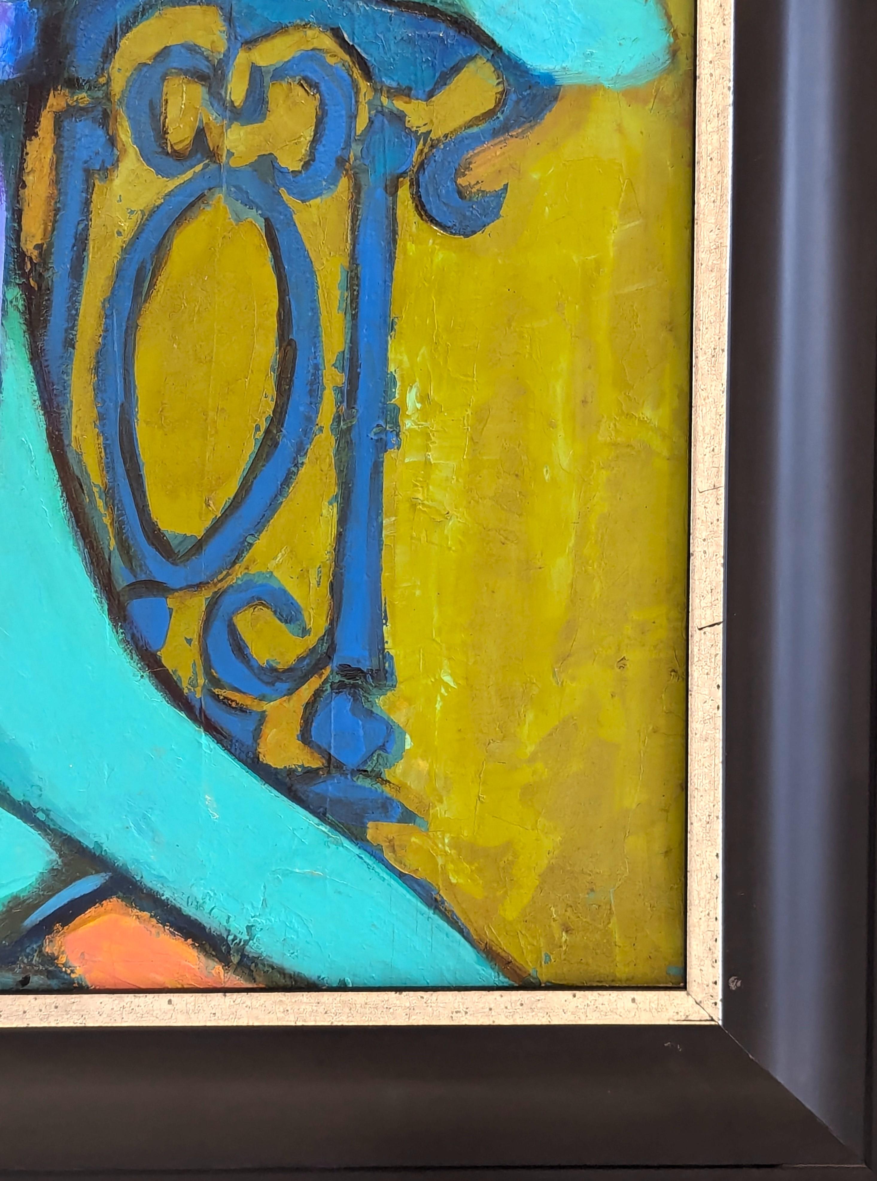 Retrato moderno de inspiración cubista del emblemático artista David Adickes, afincado en Houston. La obra presenta una figura femenina sentada vestida de azul aguamarina sobre un fondo verde brillante. Conserva la etiqueta original del Estudio