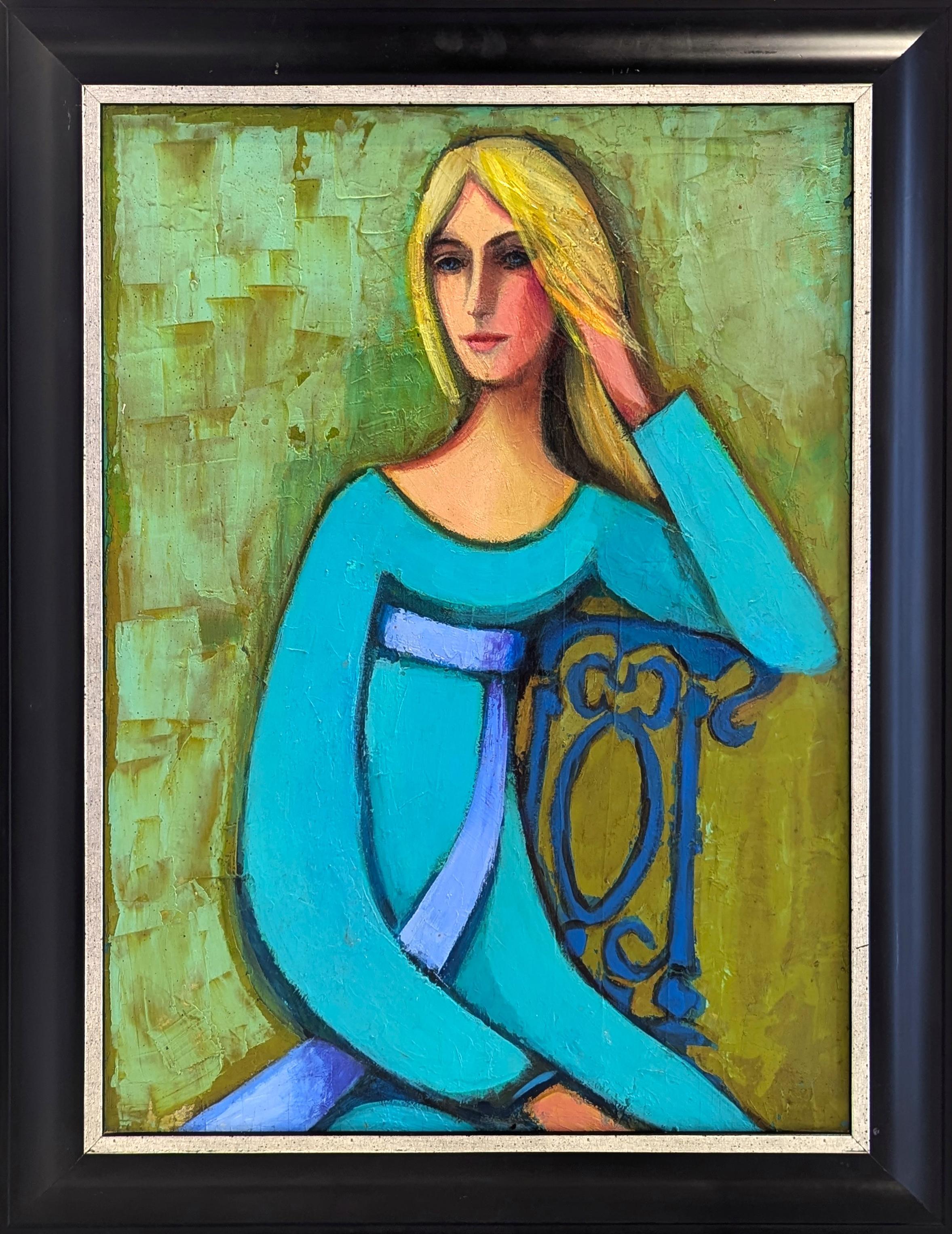 Figurative Painting de David Adickes - "Rubia sentada contra el verde" Pintura moderna colorista de retrato femenino sentado