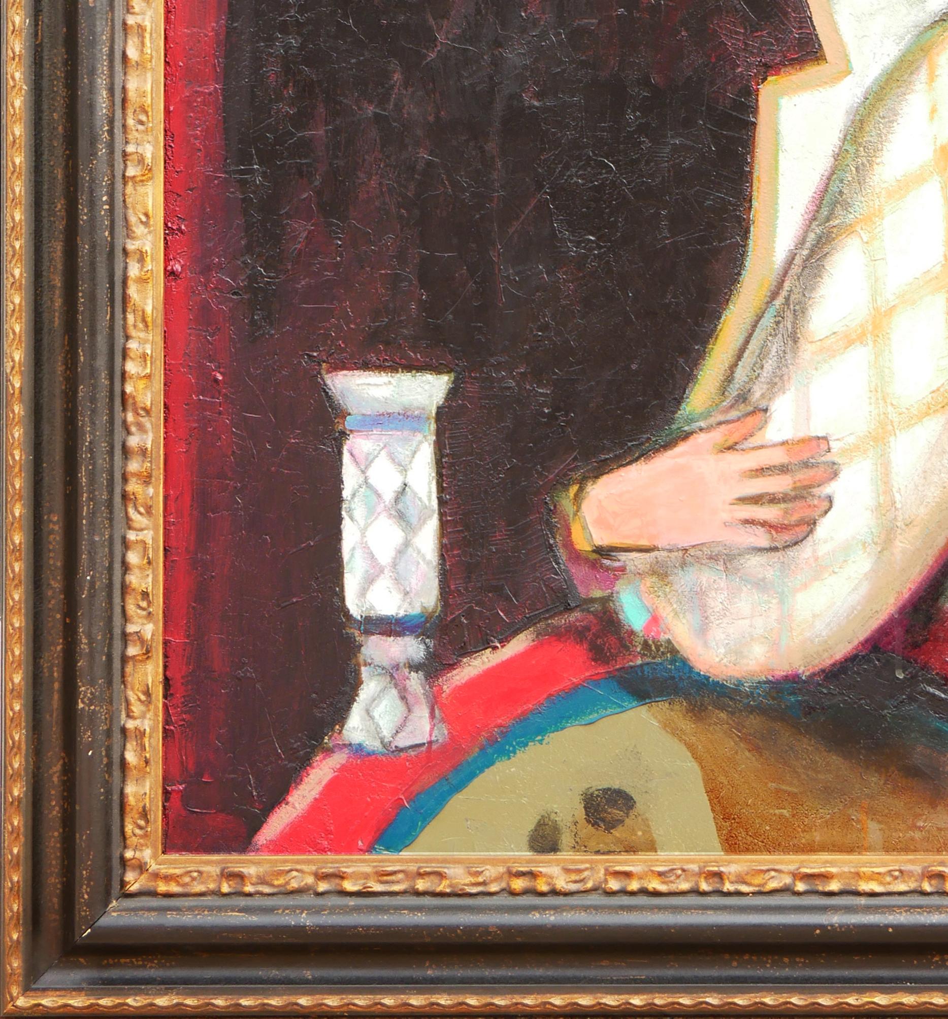 Retrato figurativo abstracto moderno del artista David Adickes, de Houston, Texas. La obra presenta una figura masculina alargada en el centro, con una barba bien cuidada, vestida con un traje de rayas amarillas, un sombrero y un pañuelo rojos.