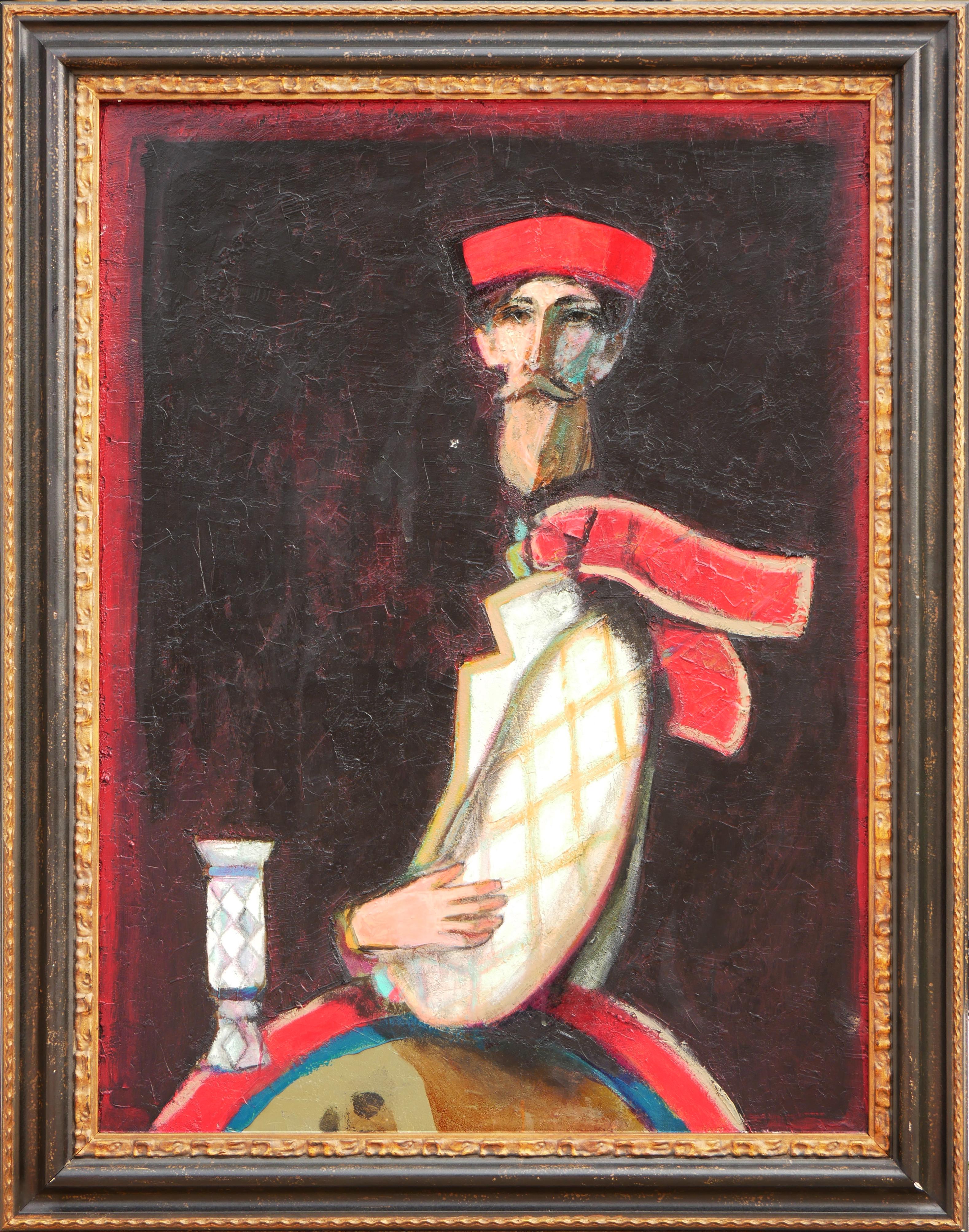 David Adickes Figurative Painting - "Seated Figure with Red Beret" Modern Abstract Figurative Portrait Painting