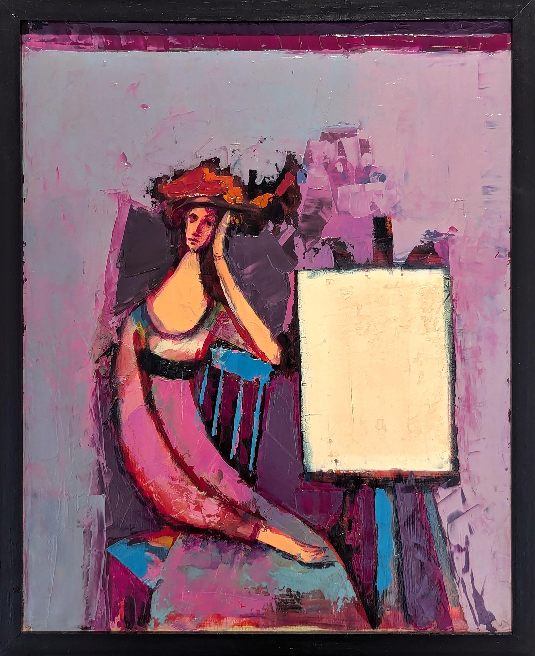 Figurative Painting de David Adickes - "Dama sentada, estudio morado" Pintura moderna colorista de retrato femenino sentado