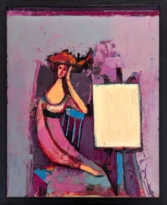 "Seated Lady, Purple Studio" Modern Colorful Seated Female Portrait Painting