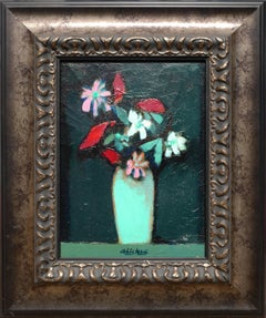 "Small Bouquet, Blue Vase" Modern Abstract Red, Pink, and Aqua Floral Still Life