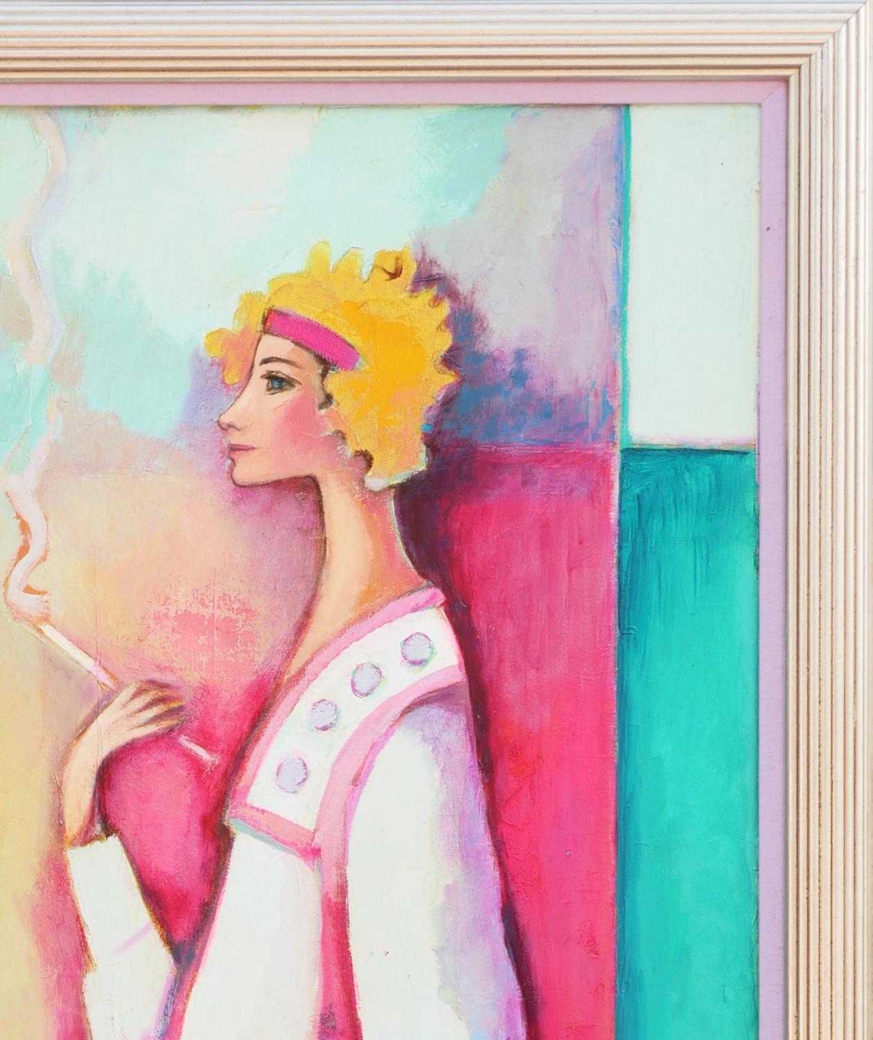 Moderne abstrakte figurative Porträtmalerei des Künstlers David Adickes aus Houston, TX. Das Werk zeigt in der Mitte ein Paar gut gekleideter weiblicher Figuren in an den Flapper der 1920er Jahre angelehnten Outfits vor einem farblich abgesetzten