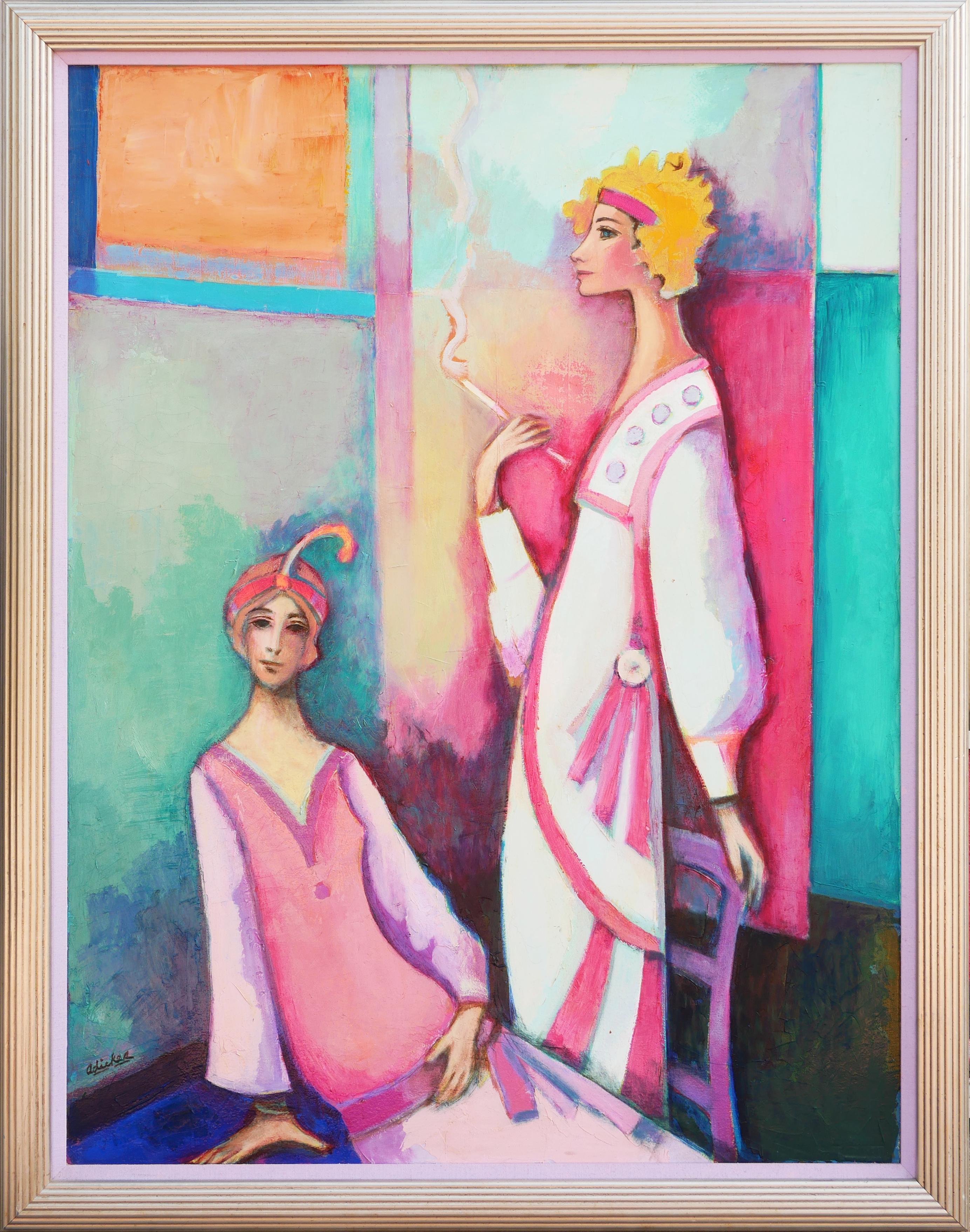 Modern abstract figurative portrait painting by Houston, TX artist David Adickes. The work features a central pair of well dressed female figures in 1920s flapper inspired outfits set against a color blocked background. Signed by the artist in the