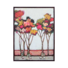 “Spring Trees with Five Chairs” Red, Yellow, and Orange Abstract Mixed Media