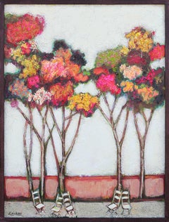 “Spring Trees with Five Chairs” Red, Yellow, and Orange Abstract Mixed Media