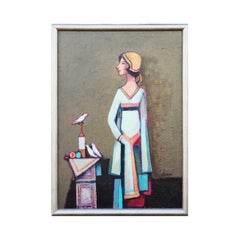 Portrait figuratif abstrait d'une femme avec des oiseaux « Still Life Lady with Birds »