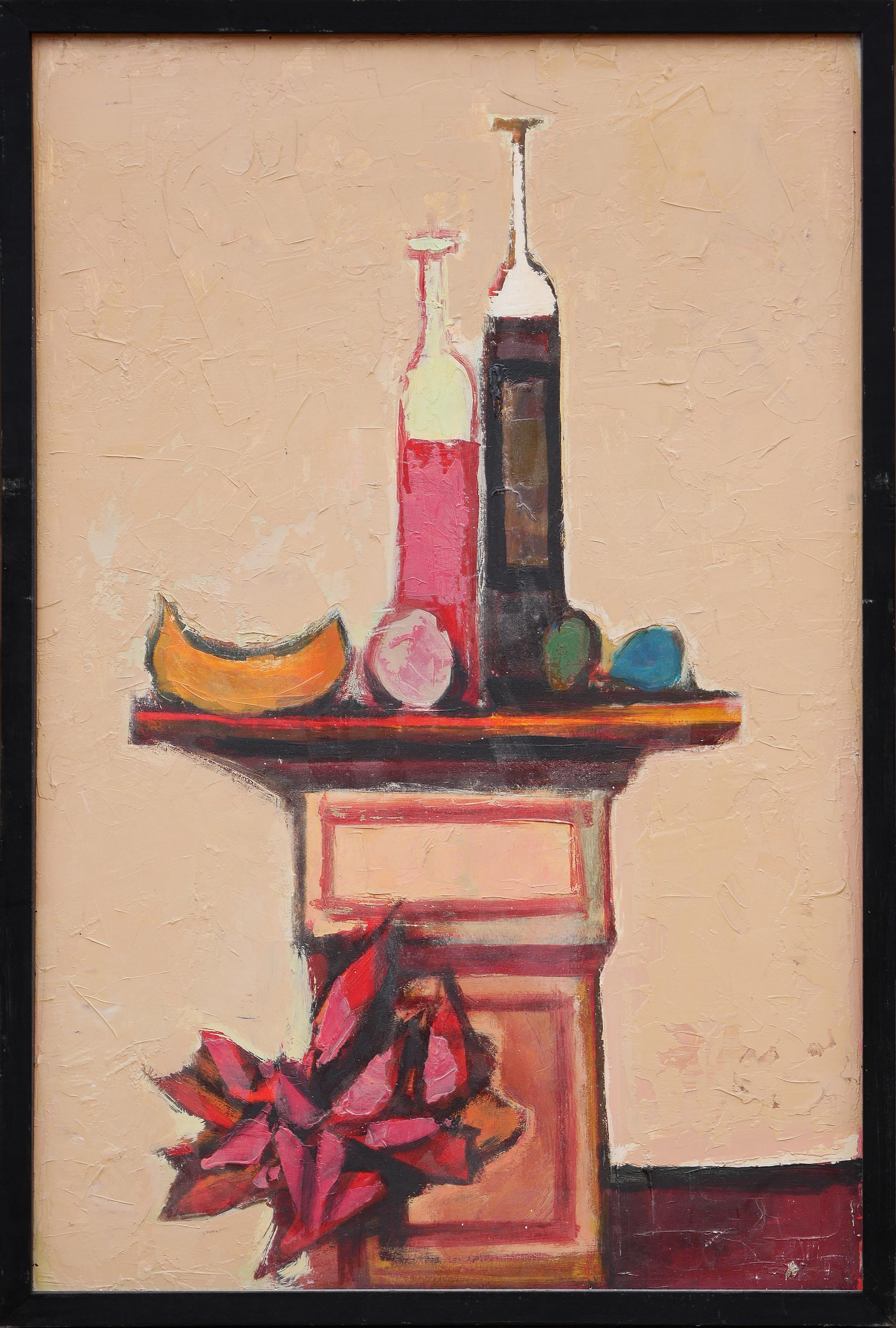 David Adickes Abstract Painting - "Still Life on Pedestal" Orange-Toned Abstract Still Life Painting