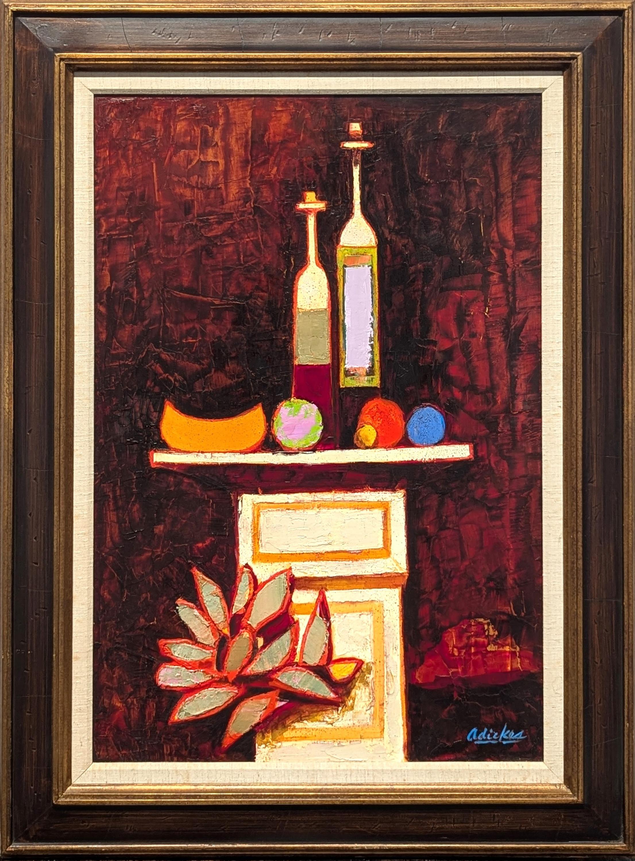 "Natura morta con bottiglie", moderno tableau astratto dai toni caldi in stile cubista