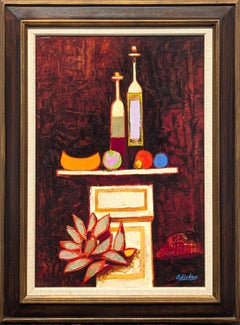 "Natura morta con bottiglie", moderno tableau astratto dai toni caldi in stile cubista