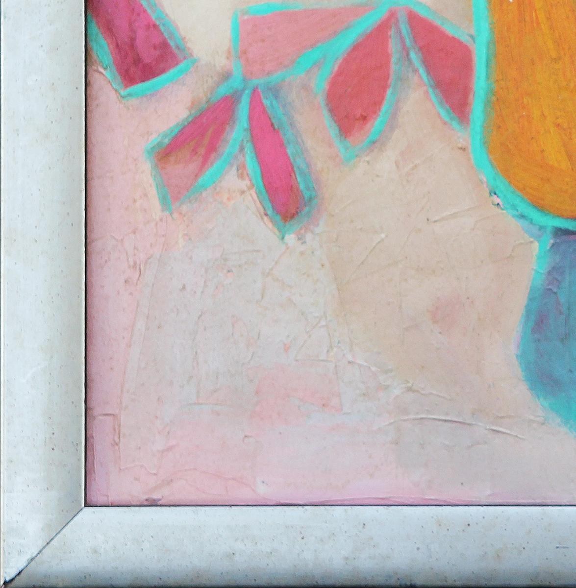 Peinture abstraite de nature morte de l'artiste David Adickes de Houston, TX. Les fruits abstraits de couleur pastel sont soulignés par un bleu audacieux. Datant des années 1960, cette peinture est un excellent exemple du travail d'Adickes. Le cadre