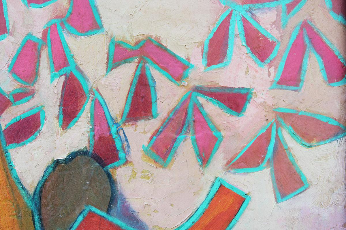 Peinture de nature morte abstraite rose et sarcelle « Nature morte avec fruits et feuilles » 2