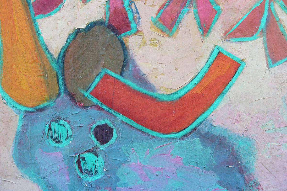 Peinture de nature morte abstraite rose et sarcelle « Nature morte avec fruits et feuilles » 3