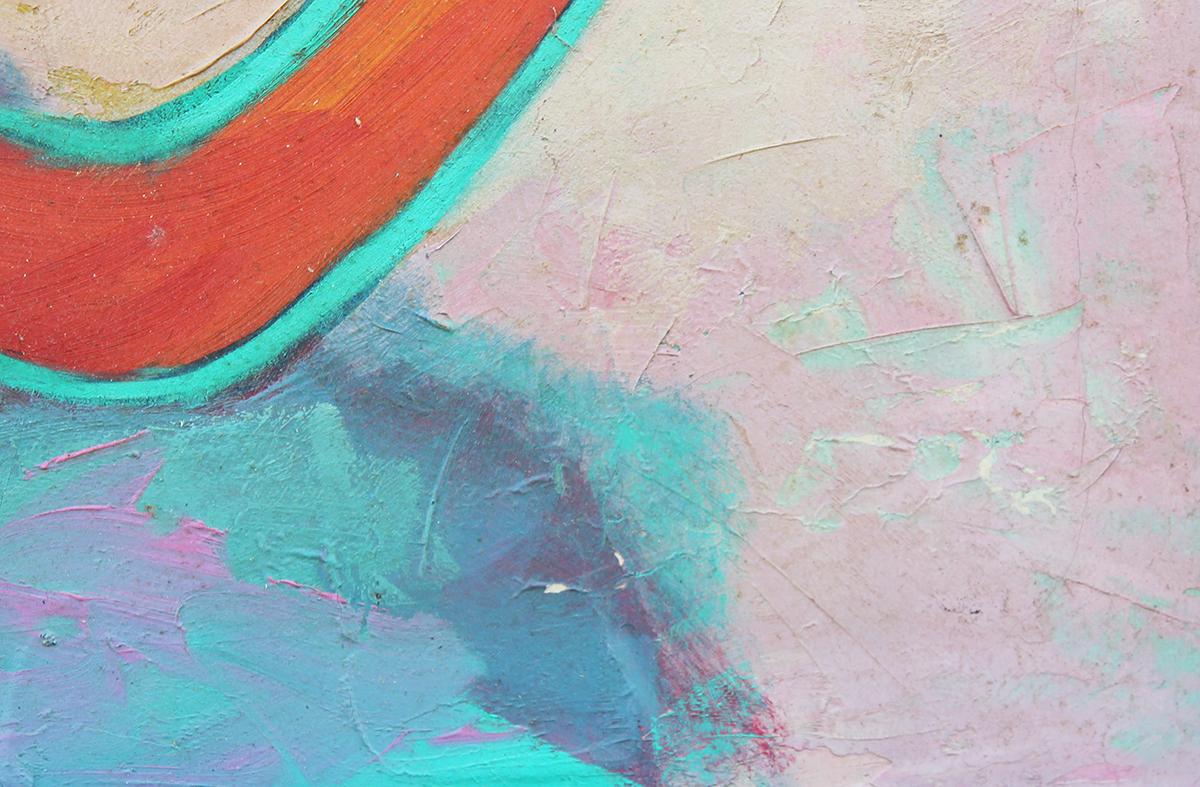 Peinture de nature morte abstraite rose et sarcelle « Nature morte avec fruits et feuilles » 4