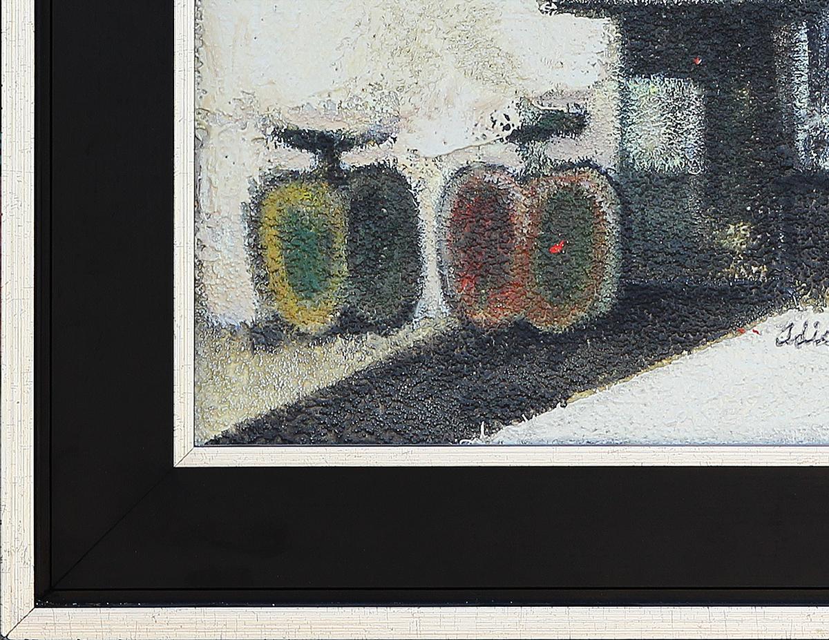 Wonderful example of Houston Artist David Adickes's early work. This heavily textured still life features 2 apples and 3 bottles. Most likely this work was framed at Dubose Gallery or James Bute Gallery in Houston with silver outer and black inner