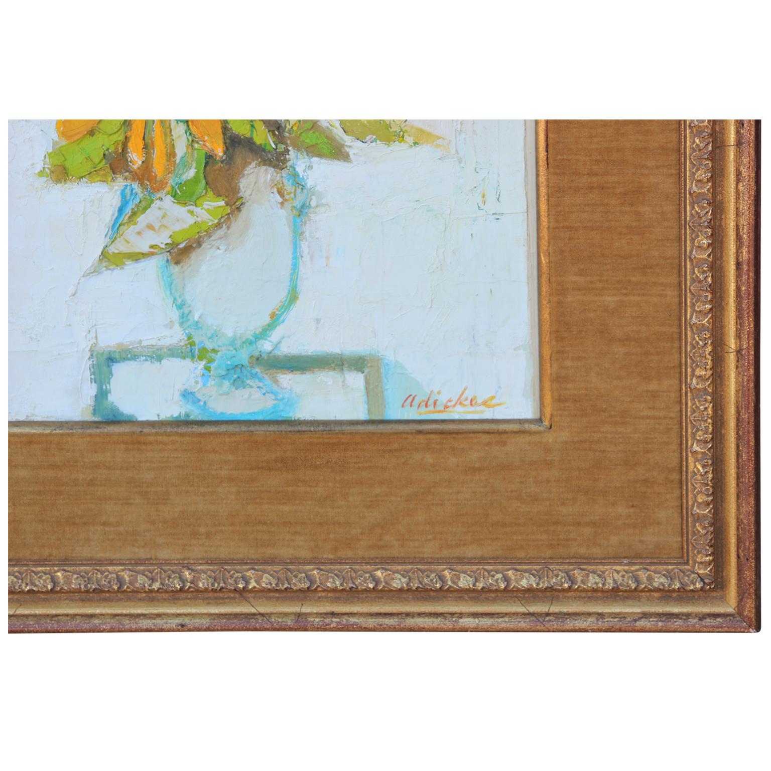 Post-impressionist still life of a sunflower by famous Texas artist David Adickes. The work is signed by the artist in the lower right corner. The canvas is framed in a wooden frame with a tan matte.

Dimensions Without Frame: H 16 in. x W 12 in.