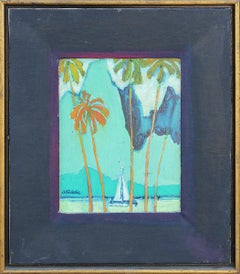 "Tahiti, Sailboat, Palm Trees" Tropical Green, Teal, & Blue Toned Beach Seascape