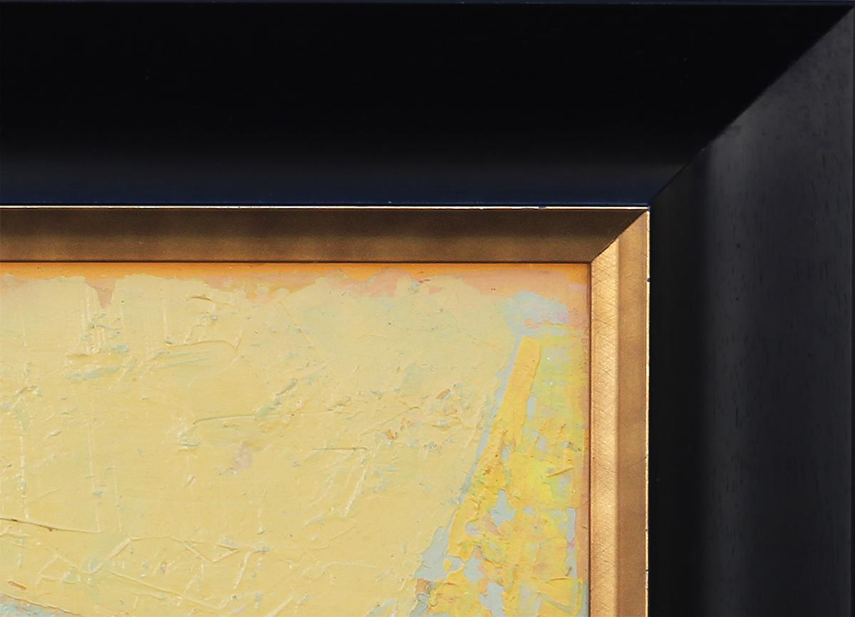 This painting is a great example of David Adickes' early work that embodies the abstract geometric style. Most likely originally sold at DuBose Gallery in Houston, Texas. Circa 1960s. Framed in black, with gold accents. Hard to find work by