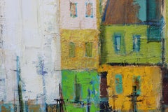 Textured Abstract Impressionist Modern Vertical Green Cityscape with Boats