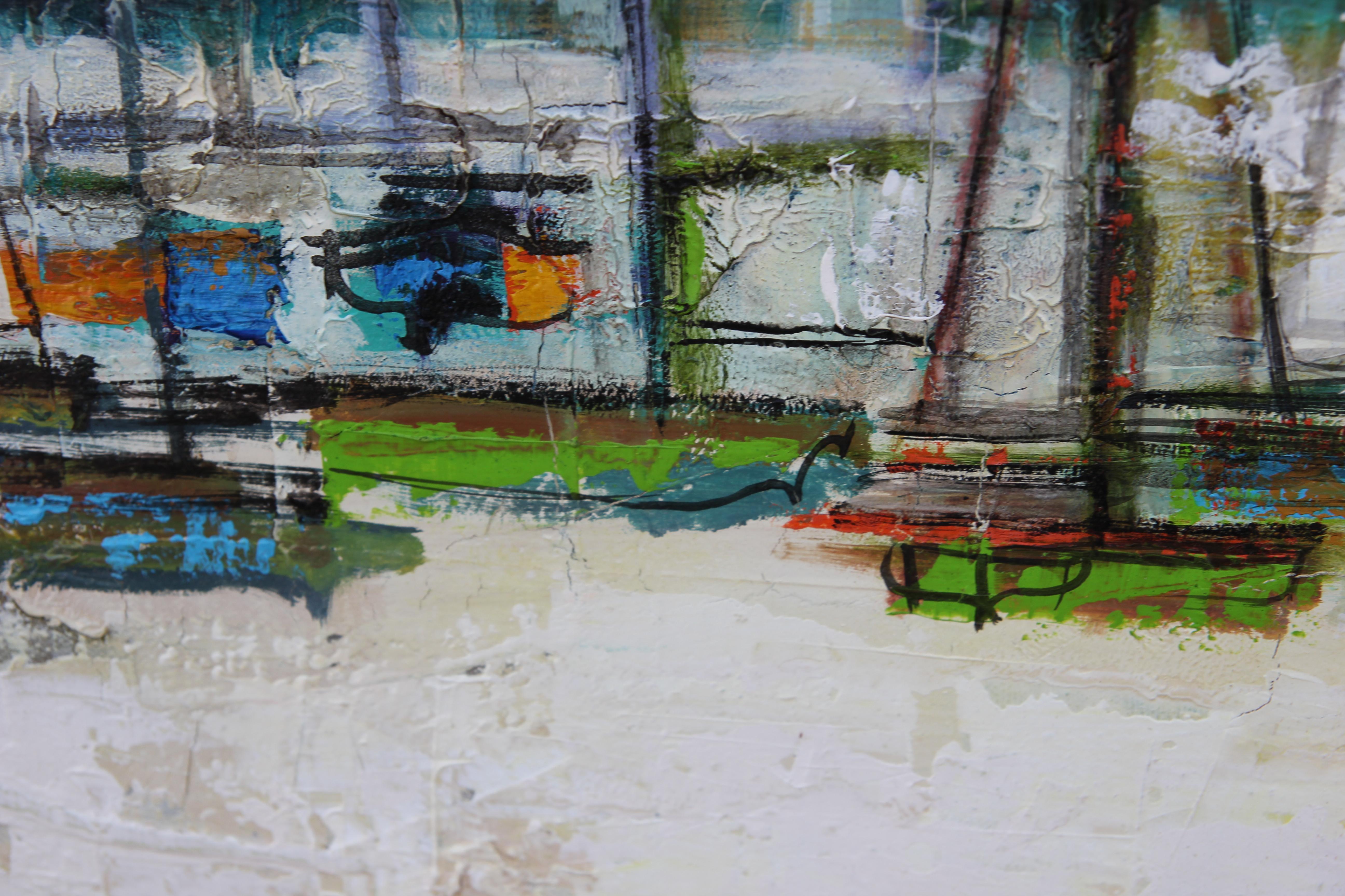 Textured Abstract Impressionist Modern Vertical Green Cityscape with Boats - Gray Abstract Painting by David Adickes