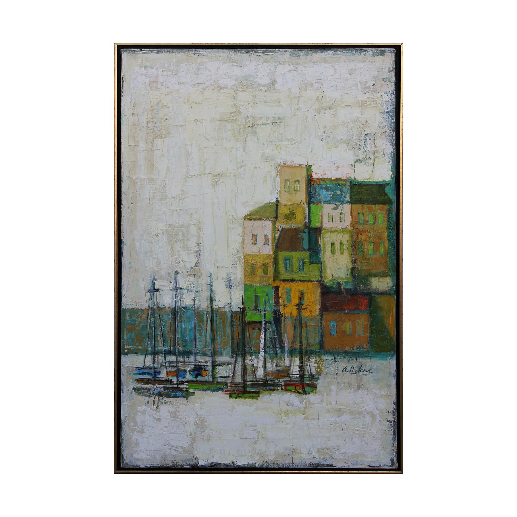 David Adickes Abstract Painting - Textured Abstract Impressionist Modern Vertical Green Cityscape with Boats
