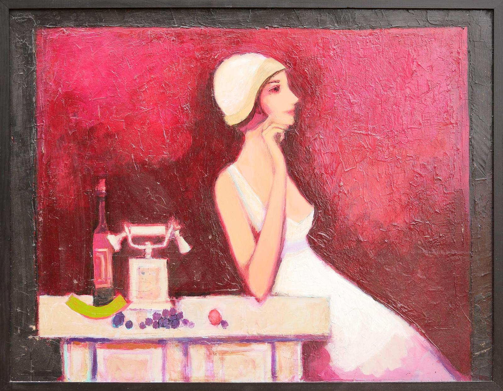 "Woman with Pink Dress and White Hat" Abstract Figurative Portrait Painting  - Mixed Media Art by David Adickes