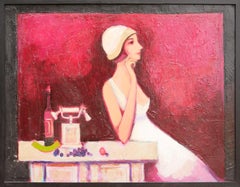 "Woman with Pink Dress and White Hat" Abstract Figurative Portrait Painting 