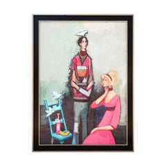 "The Couple with Three Birds" Modern Abstract Colorful Portrait Painting