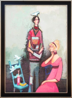 „Das Paar mit drei Vögeln“ Modernes abstraktes, farbenfrohes Porträtgemälde 