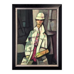 "The Cubist Artist" Modern Maroon and Green Toned Seated Male Portrait Painting