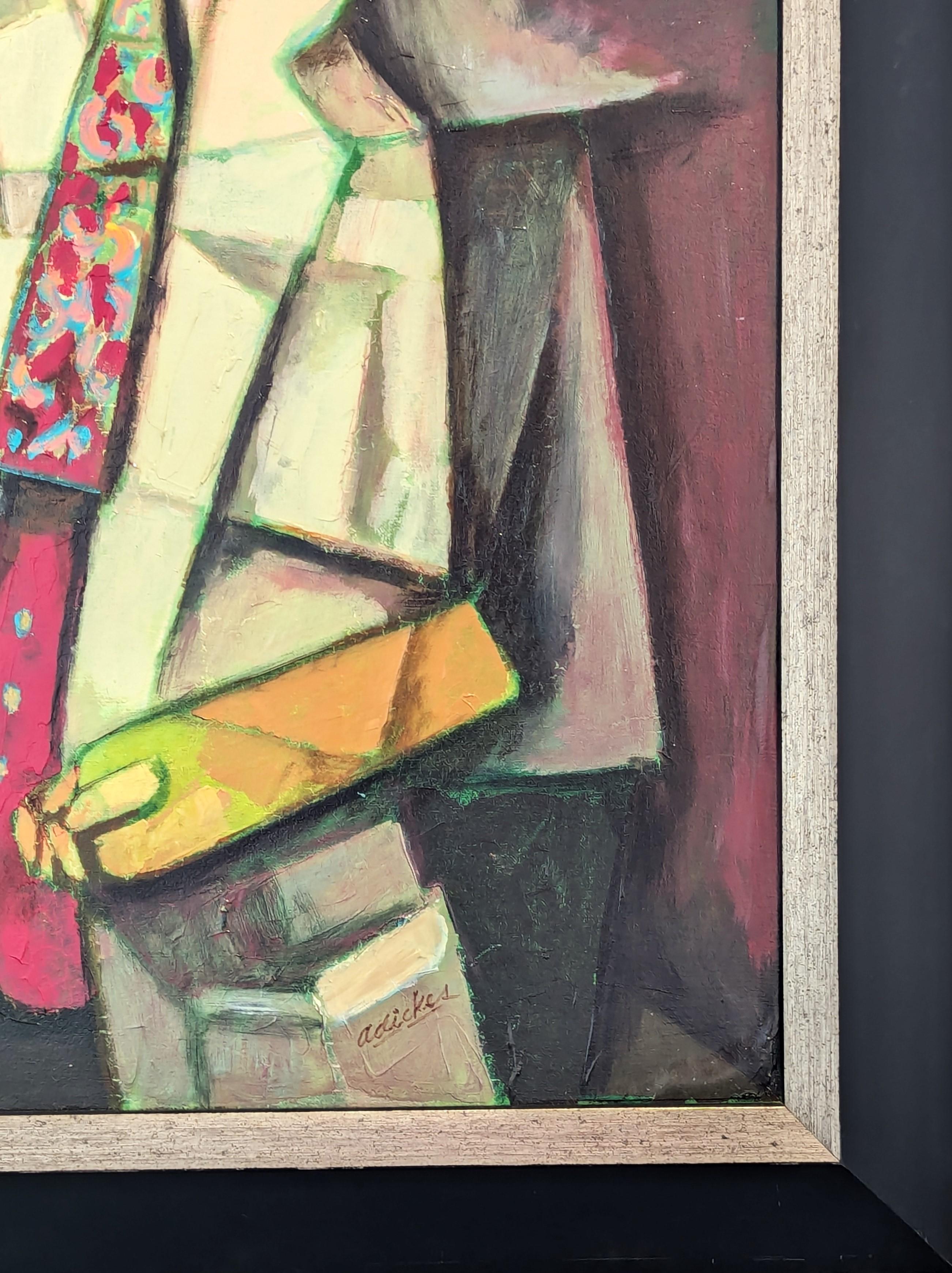 Retrato moderno de inspiración cubista del emblemático artista David Adickes, afincado en Houston. La obra muestra una figura masculina sentada, con chaqueta blanca y corbata granate, y una paleta de pintura en la mano. Firmado en la esquina